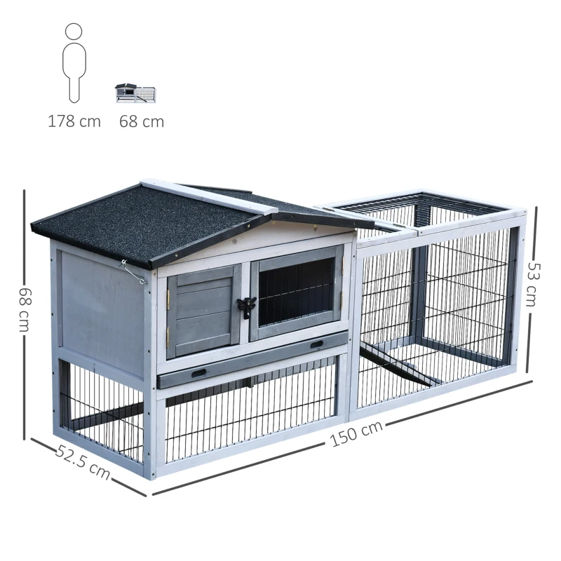 PawHut 2 Level Wooden Rabbit Bunny Guinea Pig Hutch w/ Outdoor Run Water Resistant Roof Pull out Tray Ramp 150 x 52.5 x 68 cm