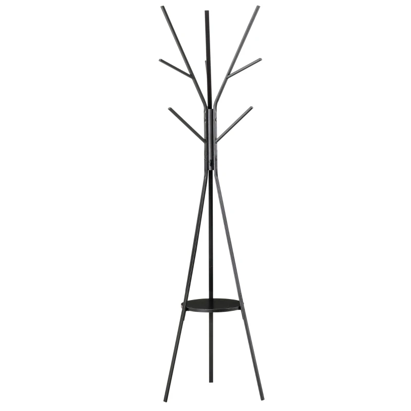 HOMCOM 180cm Free Standing Metal Coat Rack Stand 9 Hooks Clothes Tree with 1 Shelf Hat Display Hall Tree Hanger Bag Umbrella Hanging Organiser for Hallway Bedroom Waiting Room Living Room (Black)