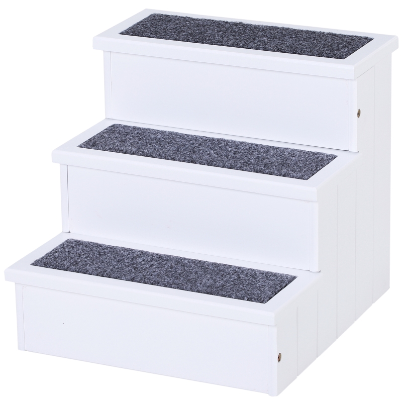 PawHut 3 Step Wooden Carpeted Pet Stairs Ramp Steps for Cats and Small Dogs with Non-Slip Carpet 40.5 x 44.5 x 38cm White