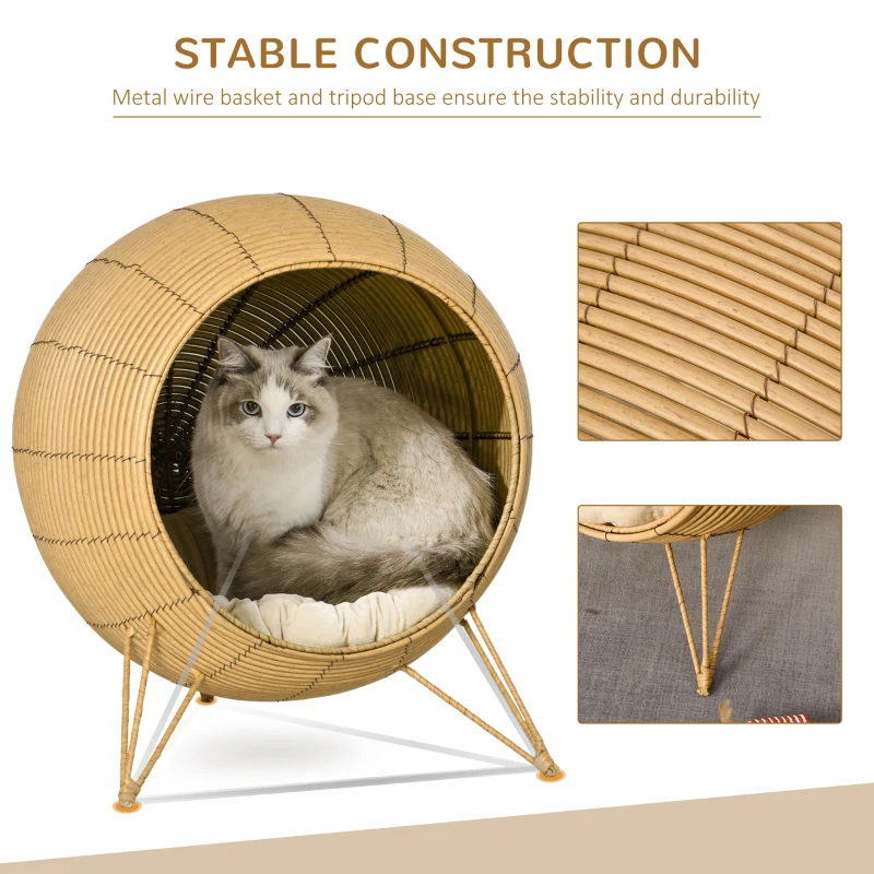 PawHut Wicker Cat Bed Elevated Rattan Kitten Basket Pet Den. House Cozy Cave with Soft Cushion D52 x 58cm Light Brown