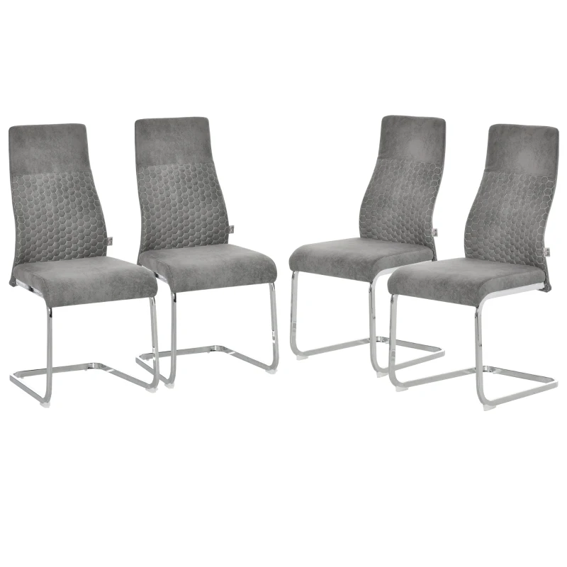 HOMCOM Set of 4 Dining Chairs Velvet-Touch Fabric High Back Accent Chair for Dining Room, Living Room with Bent Metal Base, Grey