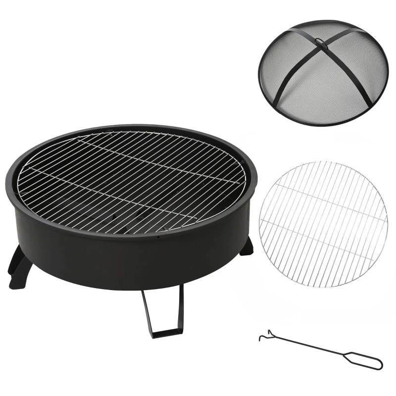 Outsunny 2-in-1 Outdoor Fire Pit with Cooking Grate Steel BBQ Grill Firepit Bowl with Spark Screen Cover, Fire Poker for Backyard Bonfire Patio