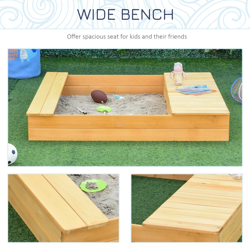 Outsunny Kid Wooden Sand Pit Children Outdoor Square Sandbox with 2 Side Buckets Bench Seat for Garden Backyard 123 x 121 x 17.5cm
