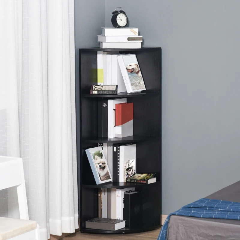 HOMCOM 4 Tier Wood Corner Shelf  Unit Freestanding Fan Bookshelf Plants Stand Black