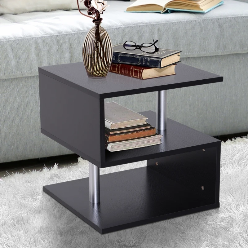 HOMCOM Modern Square 2 Tier S Shape Wood Coffee Table Storage Shelf Living Room Side Rack-Black
