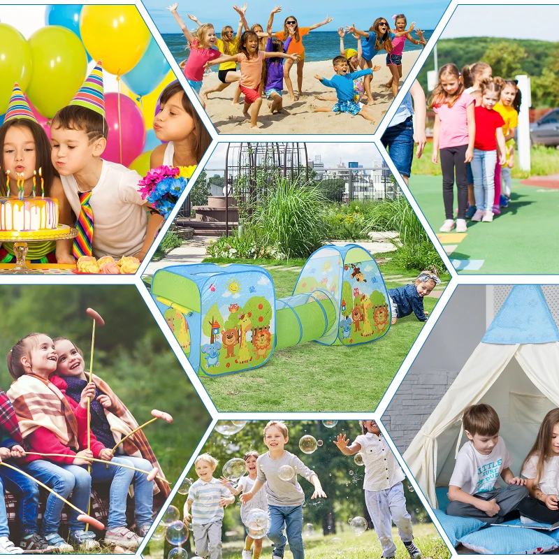 HOMCOM 3 in 1 Pop Up Tent Kids Playhouse Toddlers Crawl Tunnel Cute Drawing On Surfuce Indoor Outdoor Garden Use 230 x 74 x 93 cm