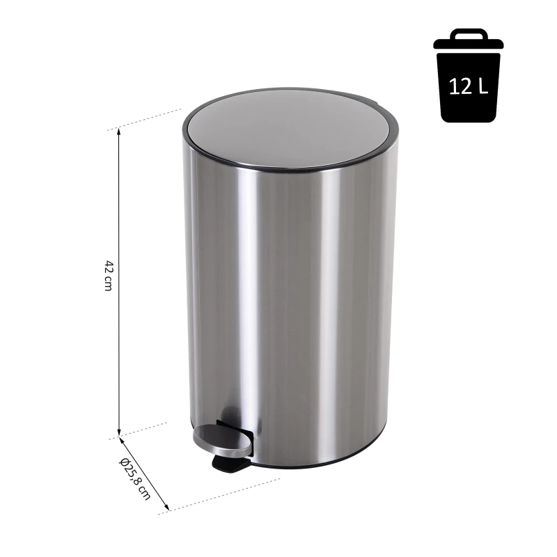HOMCOM 12L T430 Step-on Trash Can Stainless Steel Round Garbage Bin Silent Gentle Open and Close Dustbin with Pedal