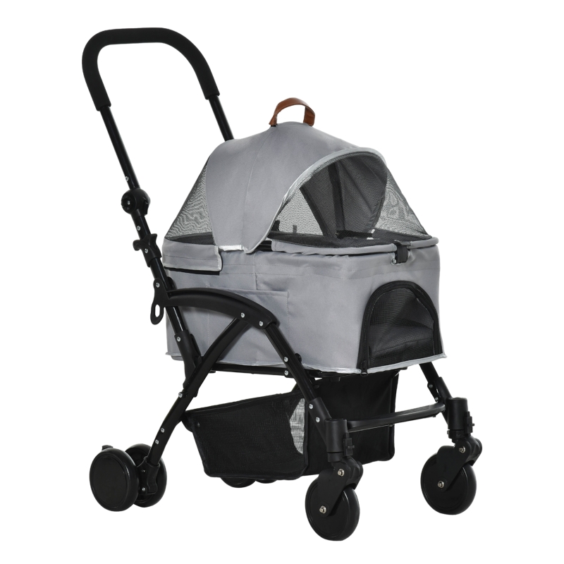 PawHut No-zip Detachable Pet Stroller Foldable Dog Cat Travel Carriage 2-In-1 Design Carrying Bag with Universal Wheel Brake Canopy Basket Storage Bag Grey