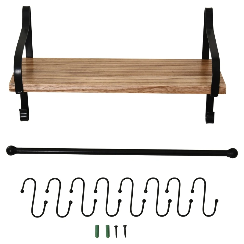 HOMCOM 21x48cm On-Wall Shelf & Rail 8 Hook Unit Metal Frame Wood Board Storage Display Organisation Home Bedroom Hallway Furniture Water-Resistant Natural Finish