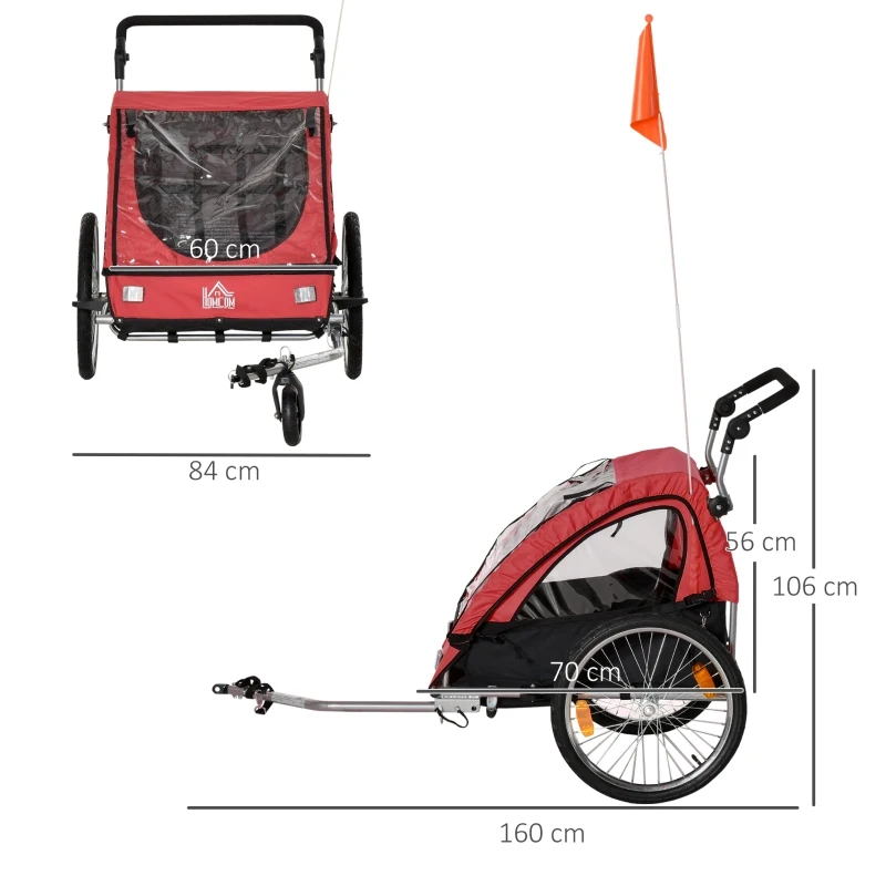 HOMCOM Child Bike Trailer 2 In1 Foldable Baby Stroller 2-Seater Transport Carrier with Adjustable Handlebar Storage Bag Reflector Flag 160L x 84W x 106H cm Red