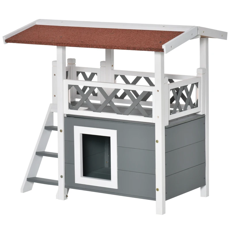 PawHut Wooden Cat House Outdoor Luxury Room Weatherproof Shelter White