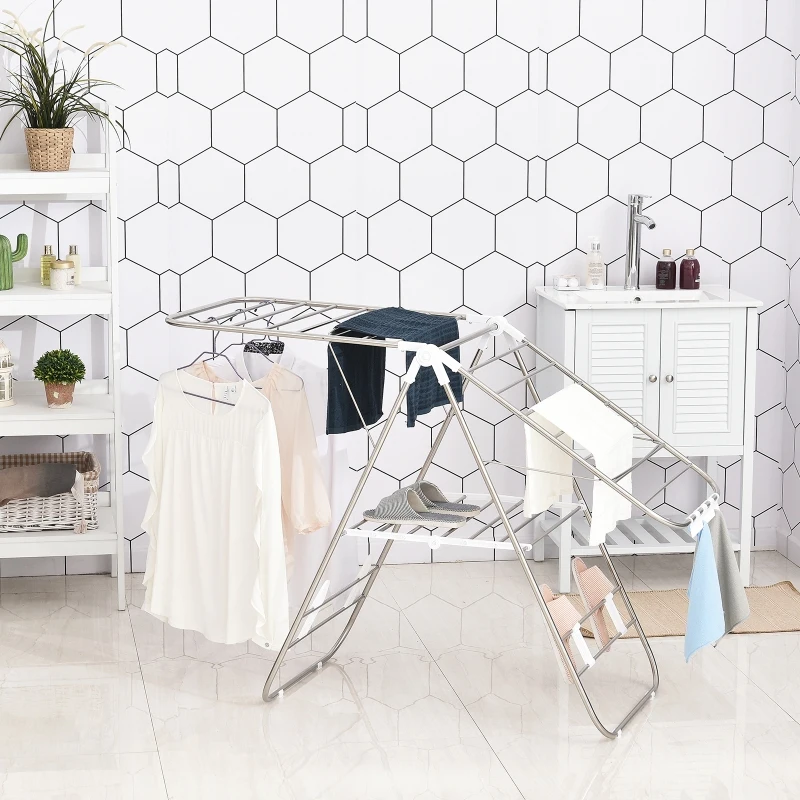 HOMCOM Clothes Rail Drying Rack Adjustable Stainless Steel, Folding, Lightweight, Indoor and Outdoor, Silver White