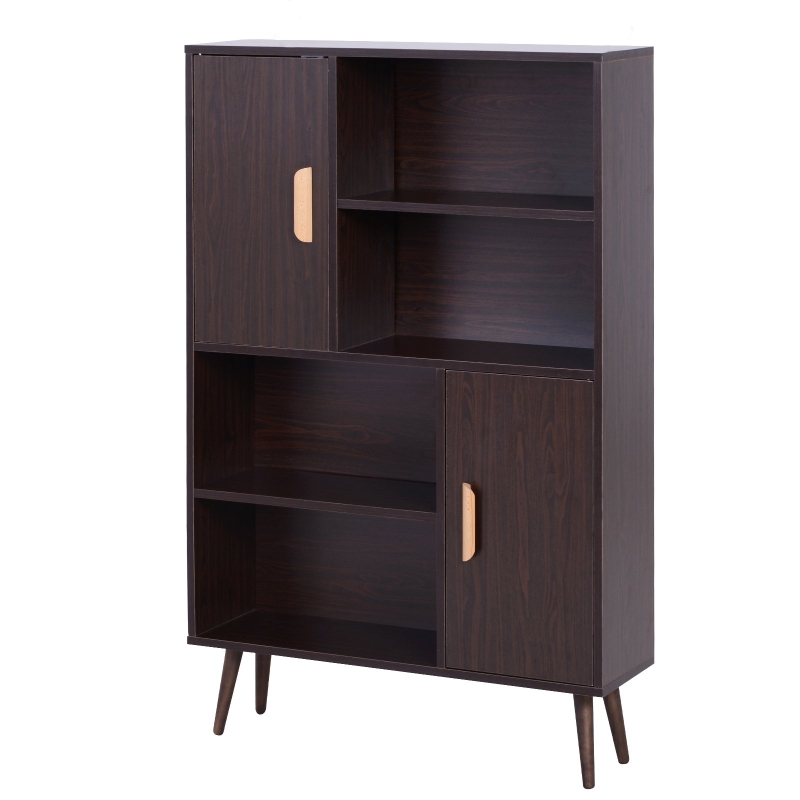 HOMCOM Sideboard Bookshelf Free Standing Bookcase Shelves Unit Display Storage Cabinet Wooden Leg w/ Two Doors Walnut
