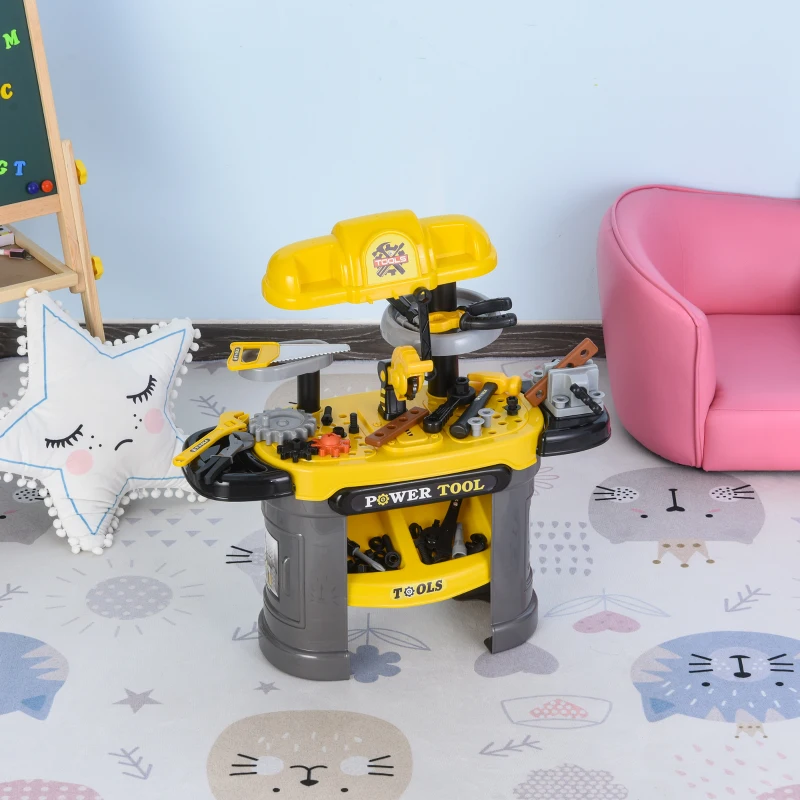 HOMCOM Play Toy Workbench for Kids 64 Pieces Tools Plus Case Storage Shelf  Construction Tool Accessories Playset Construction Pretend Play Toy Kit Yellow Grey