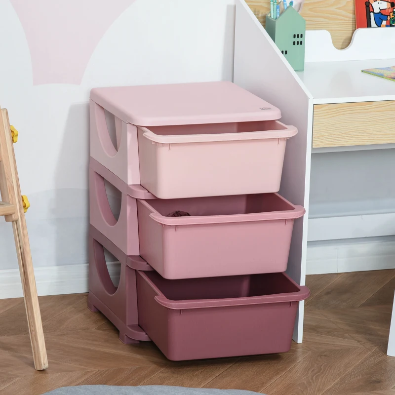 HOMCOM Kids Storage Units with 3 Drawers 3 Tier Chest Vertical Dresser Tower Toy Organizer for Nursery Playroom Kindergarten Pink