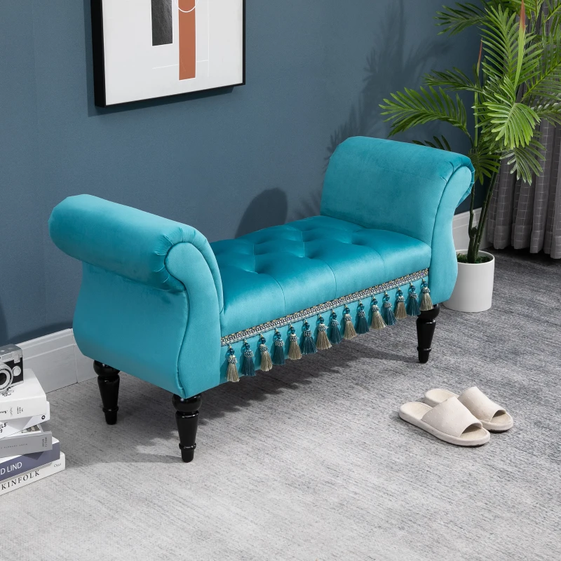 HOMCOM Bed End Bench, Vintage Bench Seat with Armrest and Button Tufted, Velvet Upholstered Footstool for Bedroom, Blue
