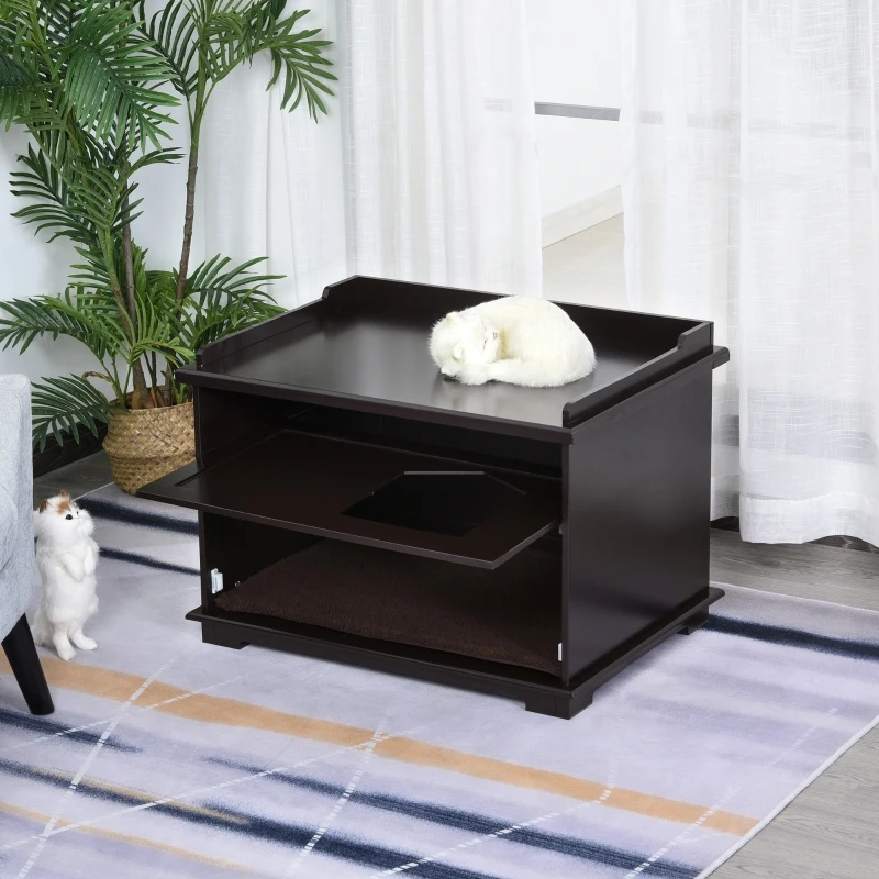 PawHut Wooden Cat Litter Box Enclosure Indoor Cat House Hidden Washroom End Table Hideaway Storage Cabinet, Brown