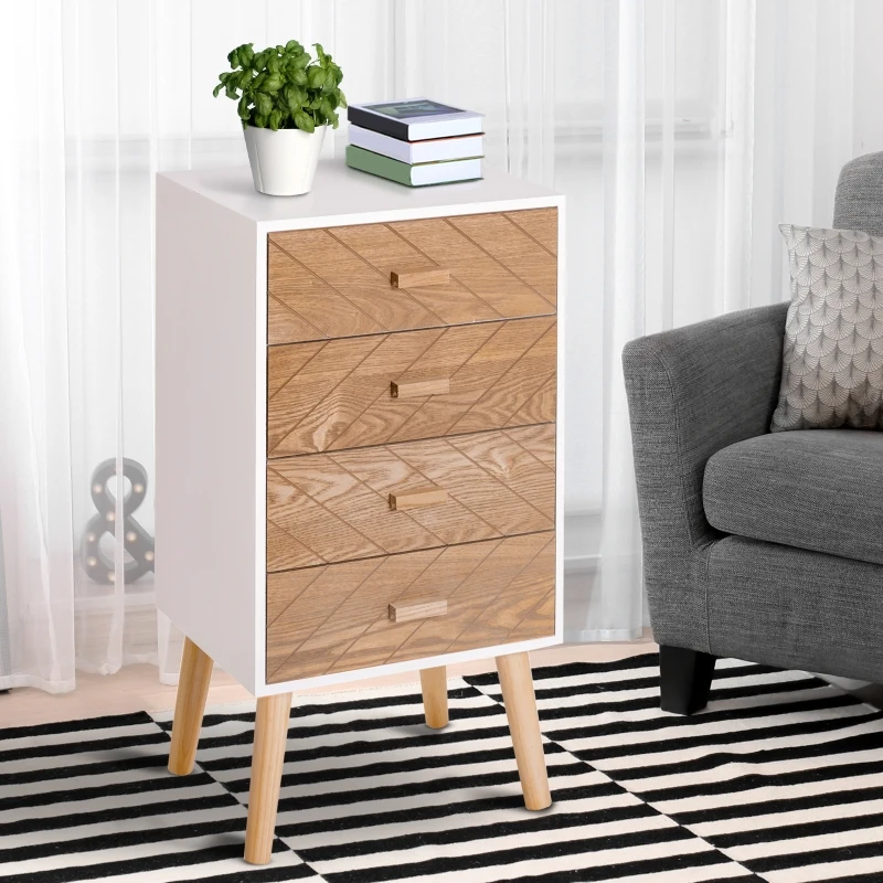 HOMCOM 4 Drawers Bedside Cabinet Wooden Table Storage Chest Organiser Night Stand Scandinavian Nordic Style Home Furniture