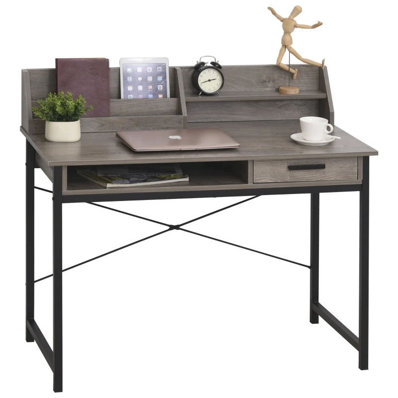 HOMCOM Study Desk with Open Shelves Drawer Writing Table Computer Desk Industrial Design Furniture for Home Office & Study Use Grey