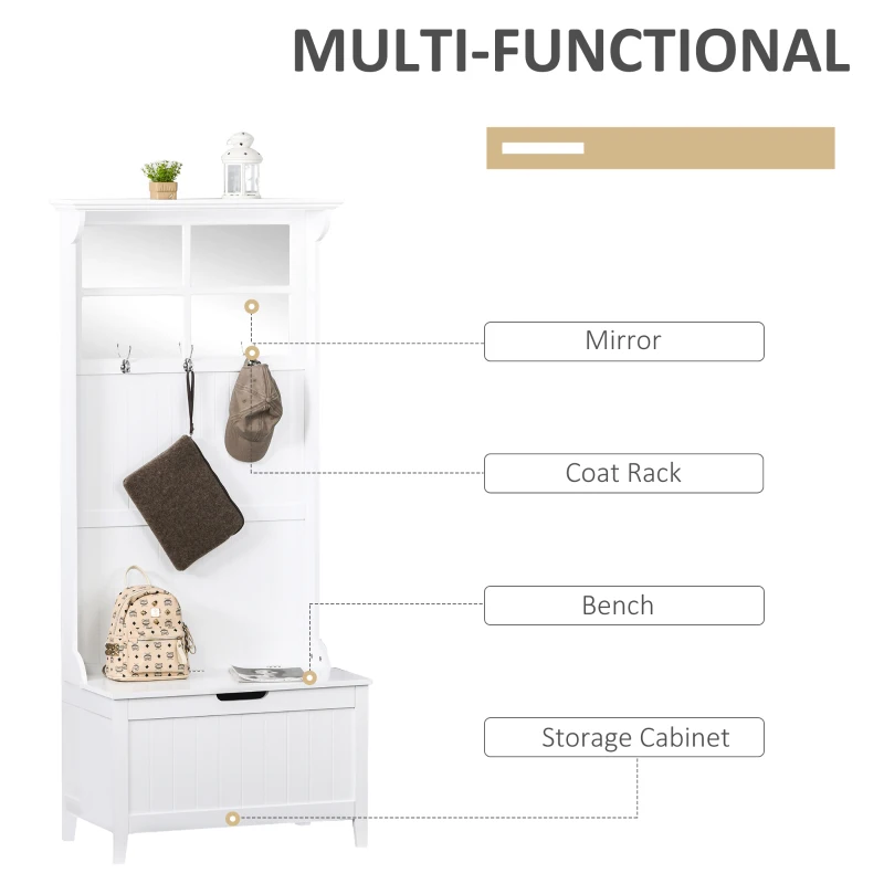 HOMCOM Coat Rack Shoe Bench with Storage 4 In 1 Hall Tree for Entryway Hallway Organizer with Cabinet 3 Hooks Mirrors White