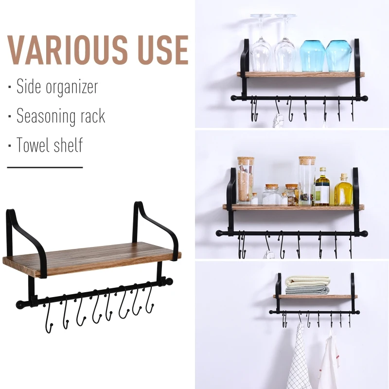 HOMCOM 21x48cm On-Wall Shelf & Rail 8 Hook Unit Metal Frame Wood Board Storage Display Organisation Home Bedroom Hallway Furniture Water-Resistant Natural Finish