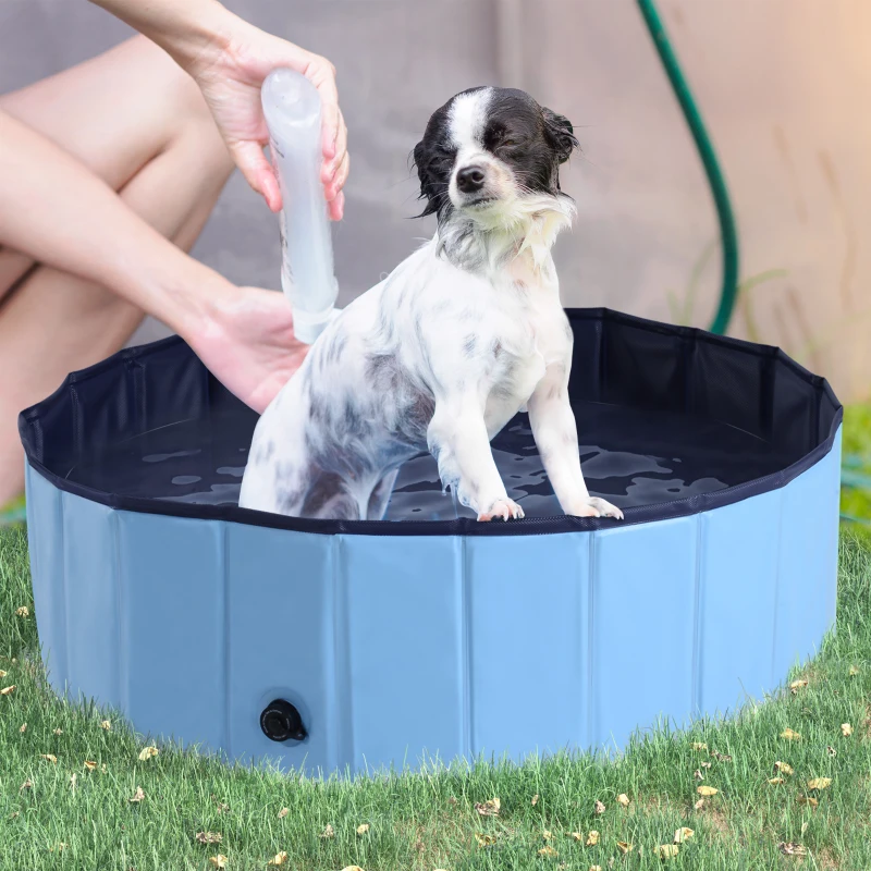 PawHut Foldable Dog Paddling Pool Pet Cat Swimming Pool Indoor/Outdoor Collapsible Summer Bathing Tub Shower Tub Puppy Washer (Φ100 x 30H cm, Blue)
