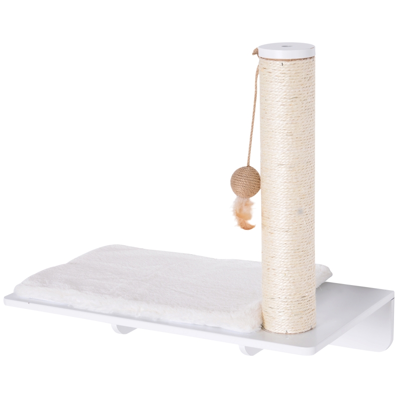 PawHut Wall-Mounted Cat Shelf W/ Scratching Post, Toy, Berber Fleece Mat Wood Kitten Climbing Tree