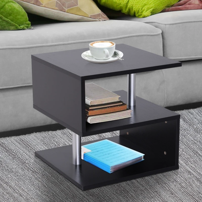 HOMCOM Modern Square 2 Tier S Shape Wood Coffee Table Storage Shelf Living Room Side Rack-Black