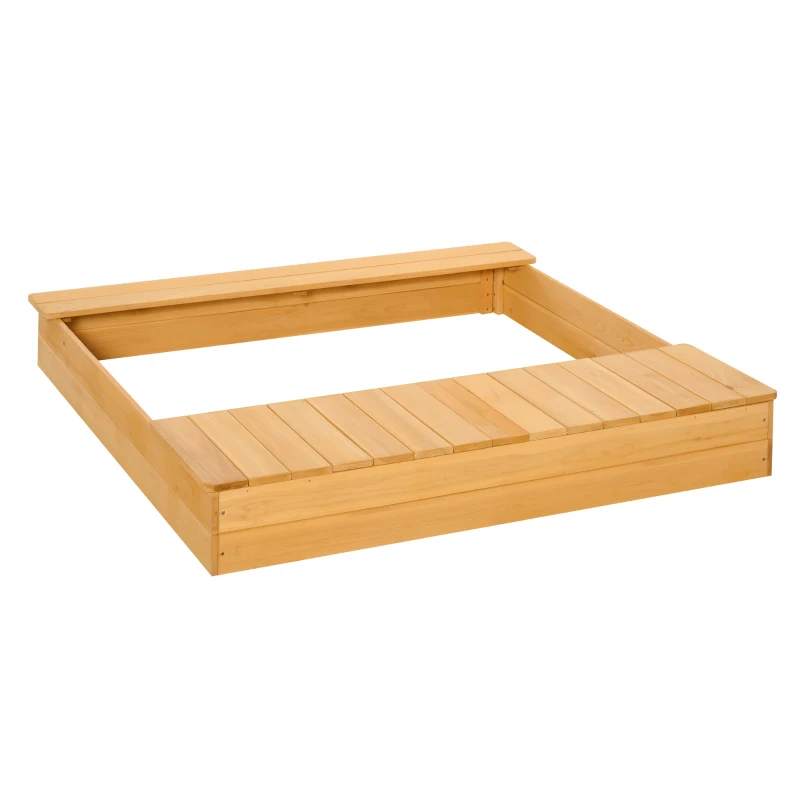 Outsunny Kid Wooden Sand Pit Children Outdoor Square Sandbox with 2 Side Buckets Bench Seat for Garden Backyard 123 x 121 x 17.5cm