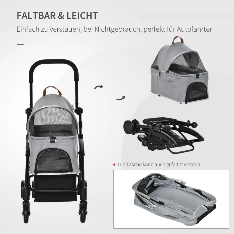 PawHut No-zip Detachable Pet Stroller Foldable Dog Cat Travel Carriage 2-In-1 Design Carrying Bag with Universal Wheel Brake Canopy Basket Storage Bag Grey
