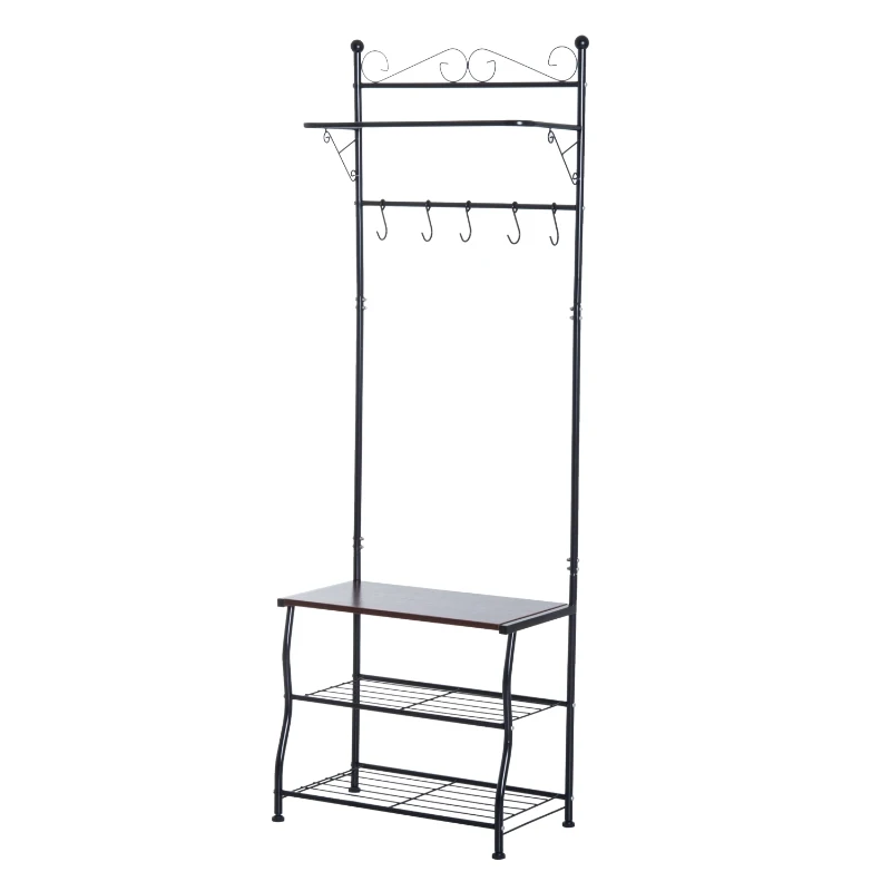 HOMCOM Entryway Multipurpose Metal Cloth Stand 3 Tier Shoe Rack w/ 5 Hooks - Black