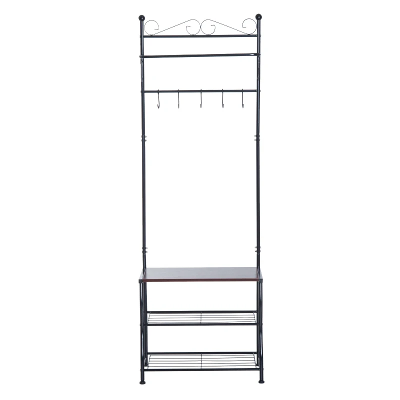 HOMCOM Entryway Multipurpose Metal Cloth Stand 3 Tier Shoe Rack w/ 5 Hooks - Black