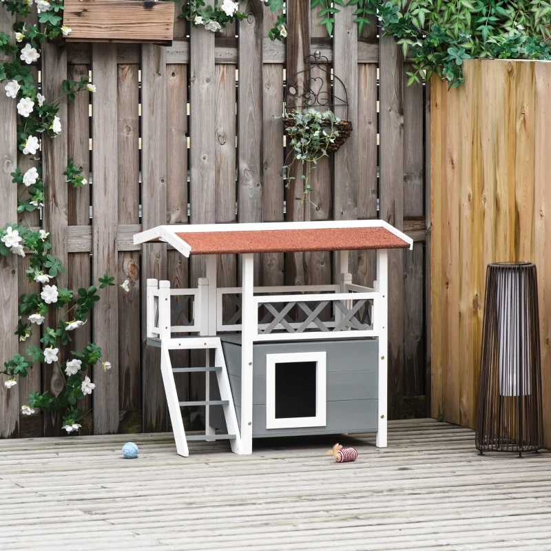 PawHut Wooden Cat House Outdoor Luxury Room Weatherproof Shelter White