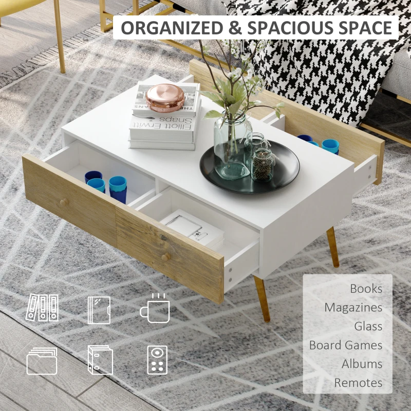 HOMCOM Coffee Table for Living Room, Office, Study Room, Reception Room, w/ 4 Storage Drawers, Sofa Table, Graceful Functional Table, Natural Wood