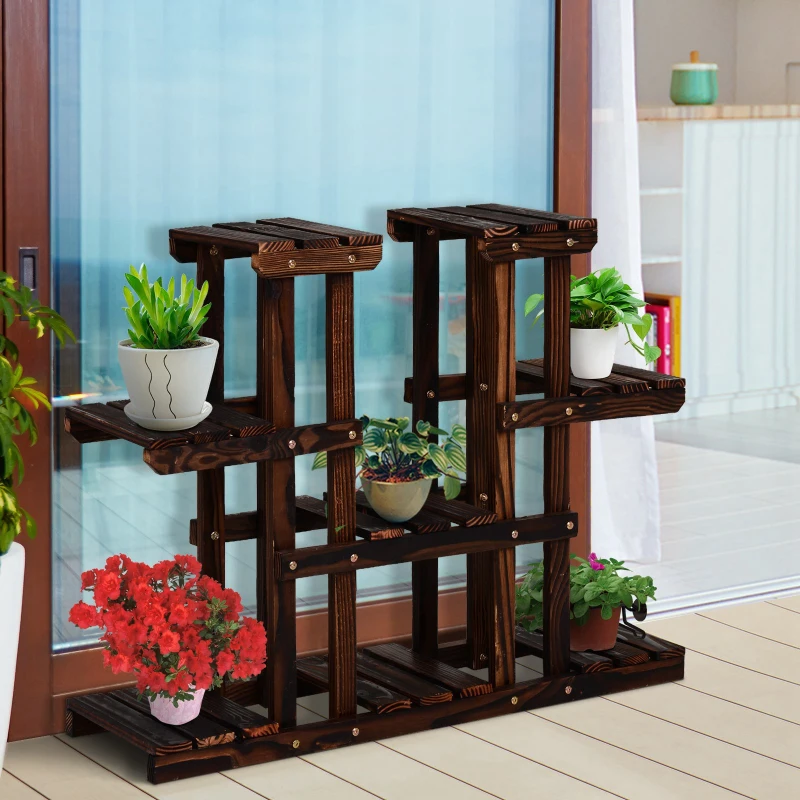 Outsunny Wooden 4-Tier Plant Stand Vertical Carbonized Flower Rack Outdoor Garden Shelf