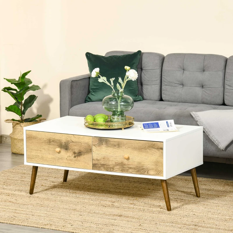 HOMCOM Coffee Table for Living Room, Office, Study Room, Reception Room, w/ 4 Storage Drawers, Sofa Table, Graceful Functional Table, Natural Wood