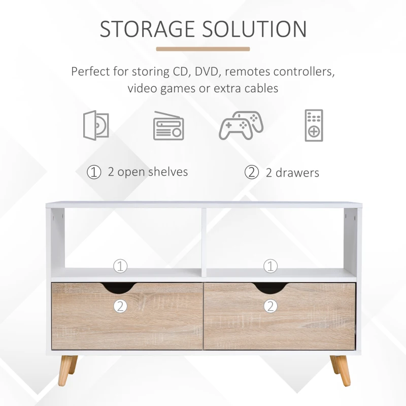 HOMCOM TV Stand with Shelf & Drawers Storage Cabinet Media Entertainment Center Modern White and Natural Wood Color