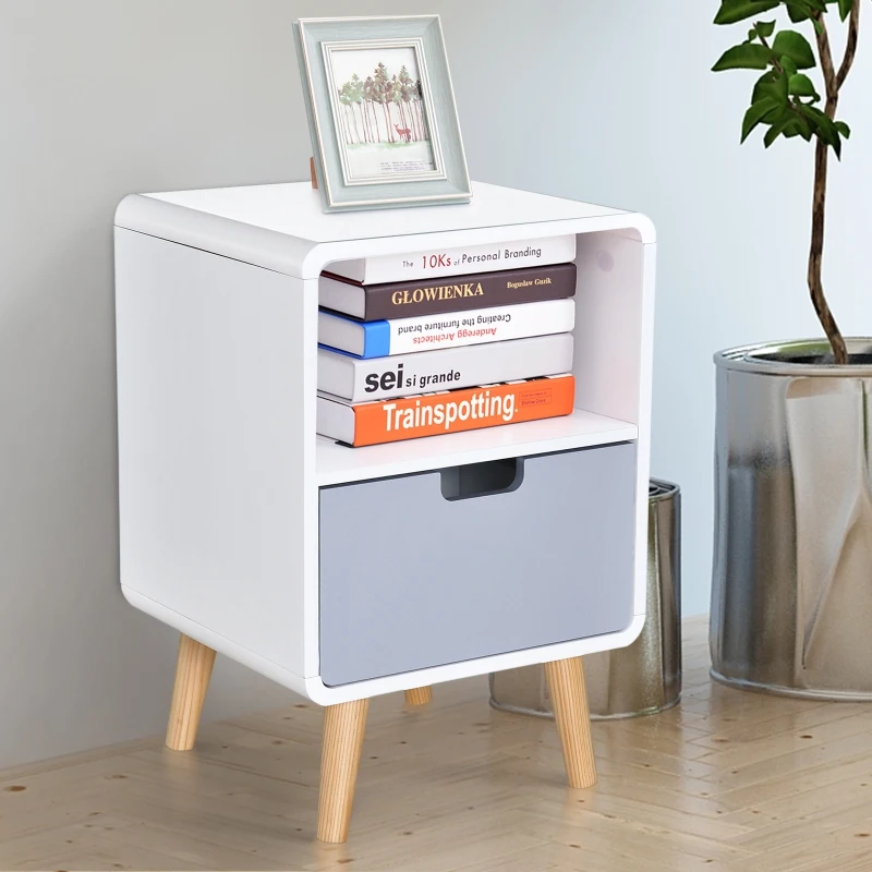 HOMCOM White Modern Nightstand With Drawer Wood Lamp Desk Storage Unit Bedroom Scandinavian Nordic Style