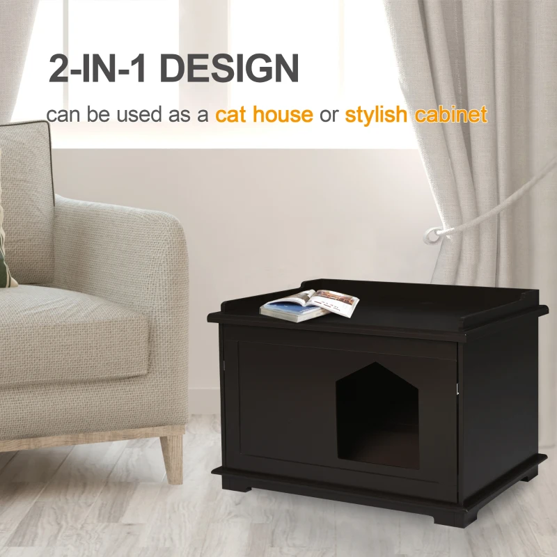 PawHut Wooden Cat Litter Box Enclosure Indoor Cat House Hidden Washroom End Table Hideaway Storage Cabinet, Brown