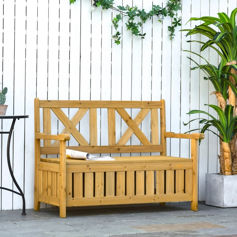 Outsunny Wood Garden Bench 2 Seater Storage Chest Patio Seating with High Back and Armrest