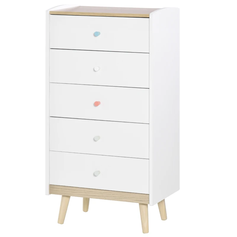 HOMCOM Kids Chest of Drawers Wardrobe Storage Tower Organizer Closet with 5 Drawers Solid Wood Handles Anti-toppling Device for Bedroom 55 x 36 x 108cm White