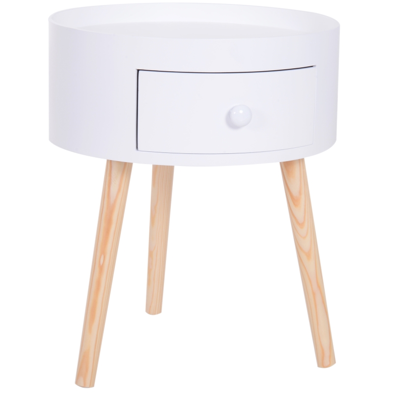 HOMCOM Modern Round Coffee Table Wooden Side Table Living Room Storage Unit w/ Drawer Wood Leg - White