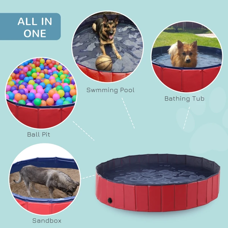 PawHut Foldable Dog Paddling Pool Pet Cat Swimming Pool Indoor/Outdoor Collapsible Summer Bathing Tub Shower Tub Puppy Washer (Φ160 × 30H cm, Red)