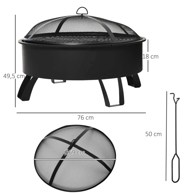 Outsunny 2-in-1 Outdoor Fire Pit with Cooking Grate Steel BBQ Grill Firepit Bowl with Spark Screen Cover, Fire Poker for Backyard Bonfire Patio