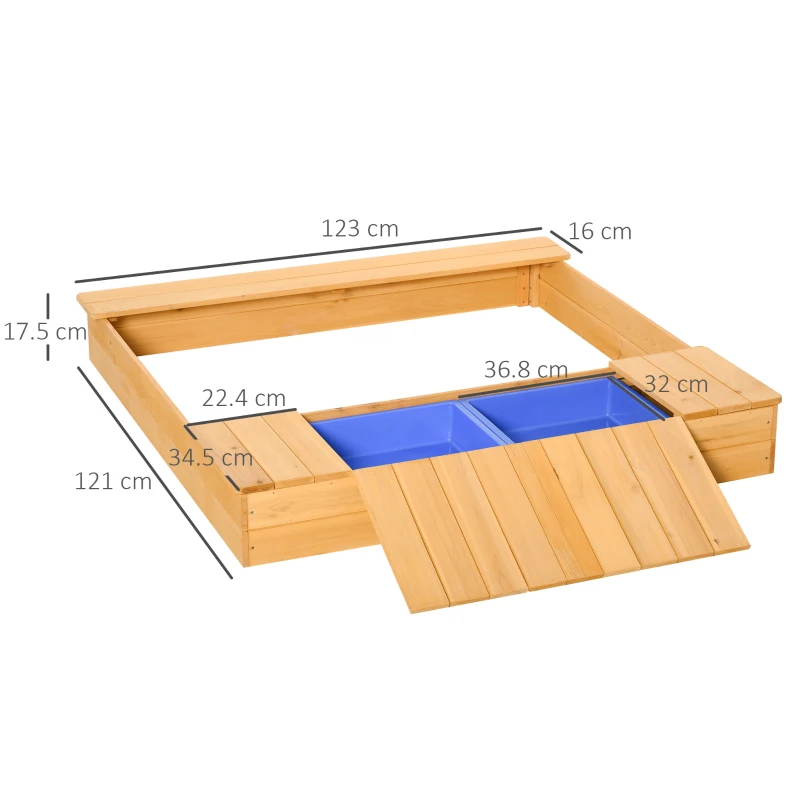 Outsunny Kid Wooden Sand Pit Children Outdoor Square Sandbox with 2 Side Buckets Bench Seat for Garden Backyard 123 x 121 x 17.5cm