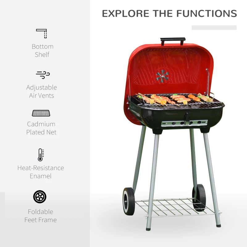 Outsunny Charcoal Trolley BBQ Garden Outdoor Barbecue Cooking Grill Powder Wheel New Red