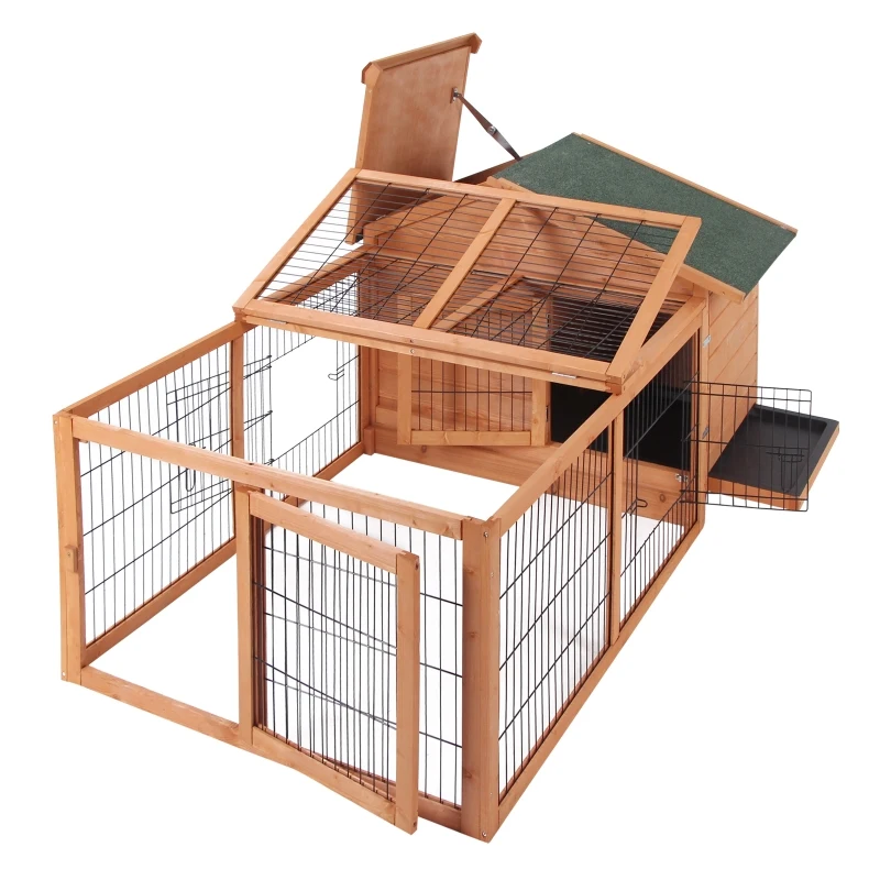 PawHut Wooden Rabbit Guinea Pig Hutch Detachable Pet House Animal Cage with Openable Run & Roof Lockable Door Slide-out Tray 146 x 95 x 69cm