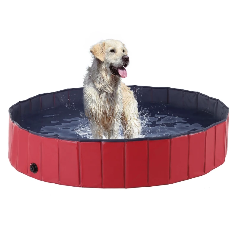 PawHut Foldable Dog Paddling Pool Pet Cat Swimming Pool Indoor/Outdoor Collapsible Summer Bathing Tub Shower Tub Puppy Washer (Φ160 × 30H cm, Red)