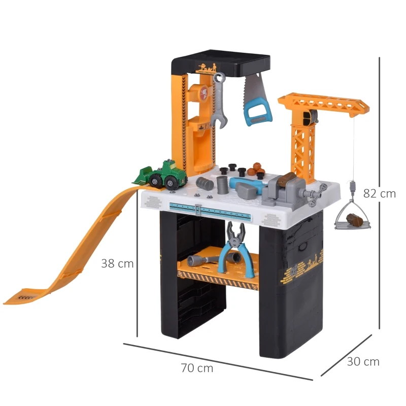 HOMCOM Qaba 54 PCS Tool Workshop Kids Tool Set Workbench and Construction Toy for 3+ Year Old With Slide Real Working Crane Fixture Table Portable Pretend Play
