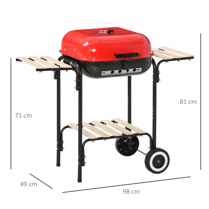 Outsunny Charcoal Trolley BBQ Barbecue Grill Patio Camping Picnic Garden Party Outdoor Cooking with Lid Wheels Side Trays and Storage Shelf